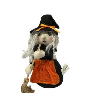 Delton Halloween Witch with Broom  Doll W/ White Hair Orange Apron